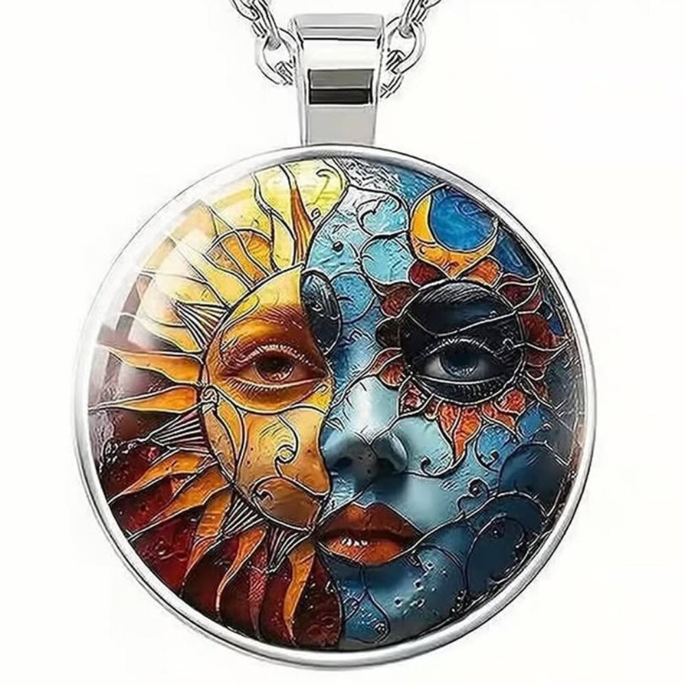 Silver CELESTIAL Sun Moon Glass Cabochon Pendant Necklace